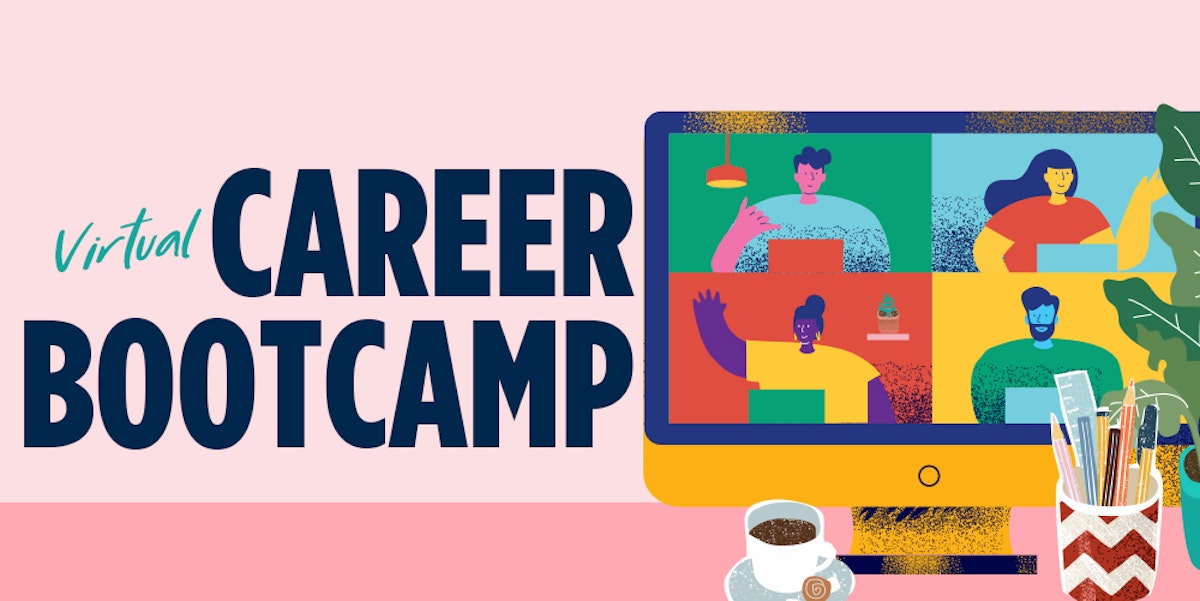 Virtual Career Bootcamp advertisement with an illustration of a video conference call on a desktop computer